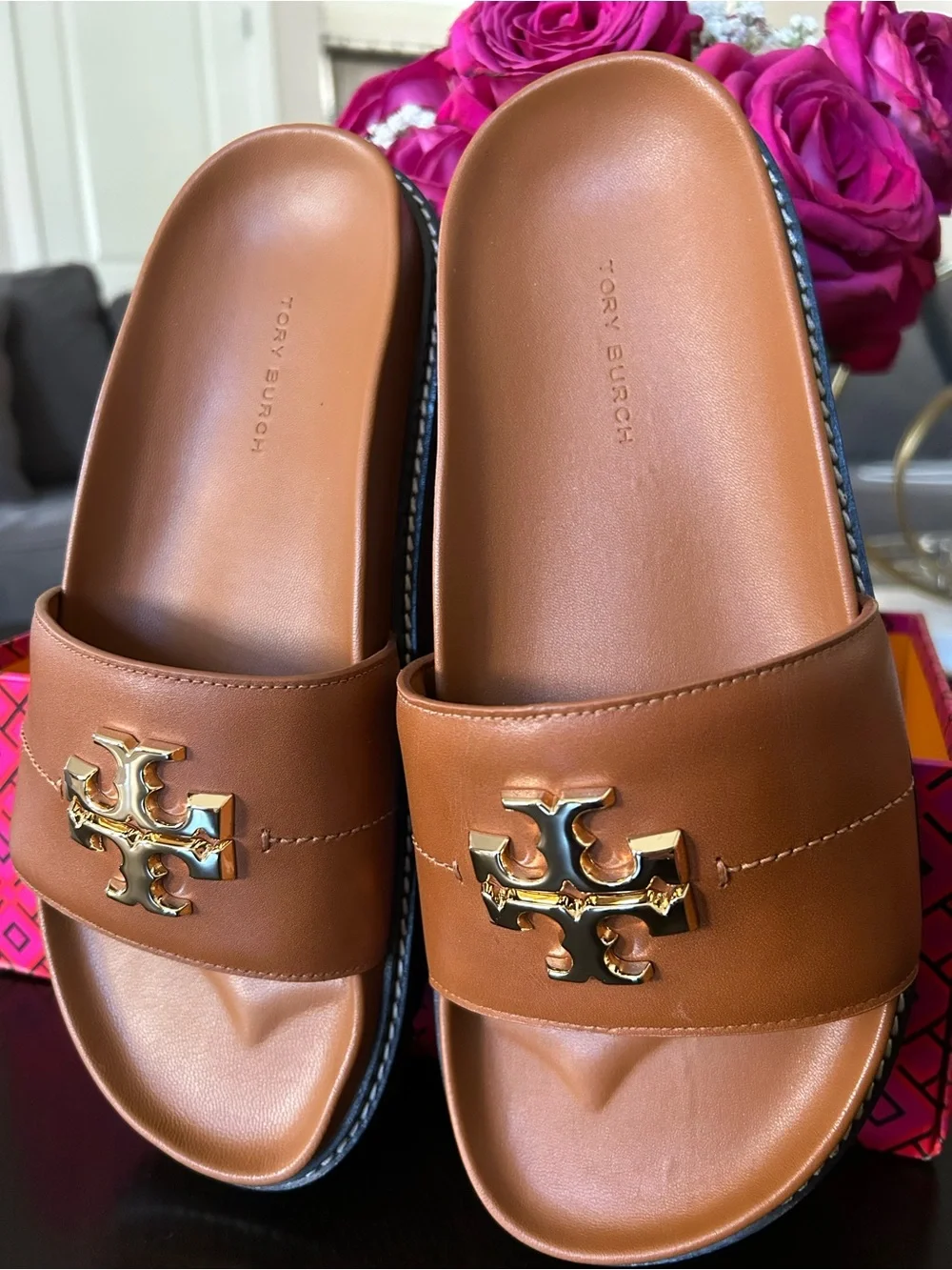 Tory Burch Tan Leather Slide Sandals with Gold Logo